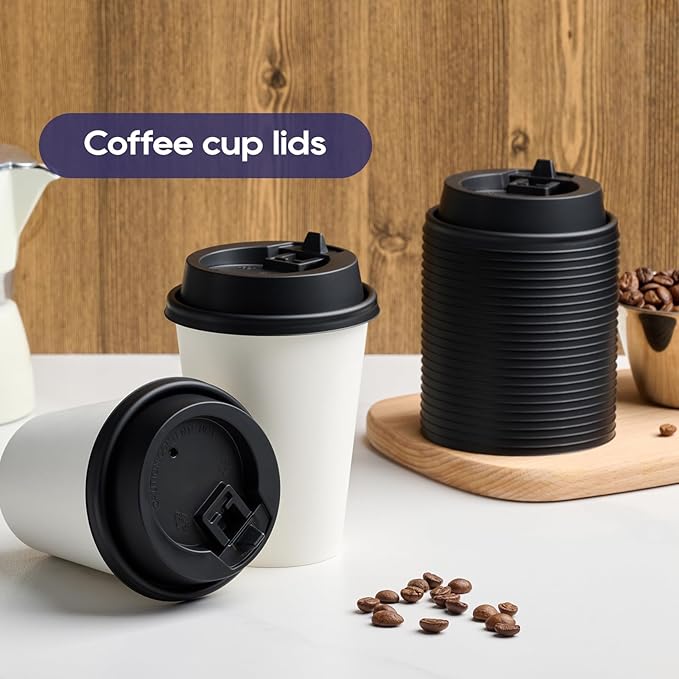 LITOPAK 200 Count Coffee Cup Lids, 3.54'' Disposable Plastic Lids for 10oz, 12oz, 16oz, and 20oz Paper Cups, Black