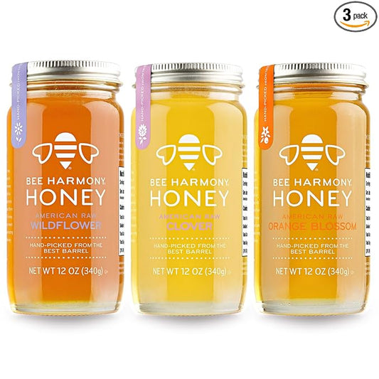 Bee Harmony Honey 3 Pack Variety Pack, 36 Ounce (Clover, Wildflower and Orange Blossom)
