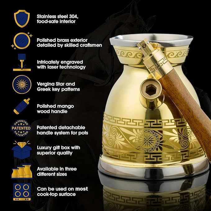 NIKPAR Luxury Greek Coffee Pot Macedonian Collection - Turkish Coffee Pot for Most Type of Stove Top, Arabic Coffee Maker Cezve, Ibrik, Briki with Detachable Handle & Luxury Gift Box (21 oz Large)