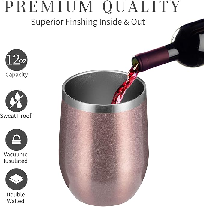 MEWAY 12oz/4 Pack Wine Tumbler Glasses with Lid - Stemless Double Wall Vacuum Stainless Steel Travel Tumbler - Keeping Cold & Hot for Wine,Coffee,Cocktails,Gifts (Rose gold,Set of 4)