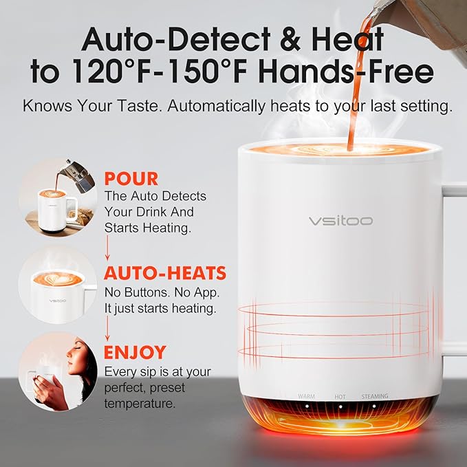 Vsitoo S3 Plus 14oz Heated Coffee Mug - Temperature Control Smart Mug with Mug Warmer, Auto-Sensing AI Heats Drinks to 120-150°F Hands-Free.Ideal for Home/Office/Gifts，White