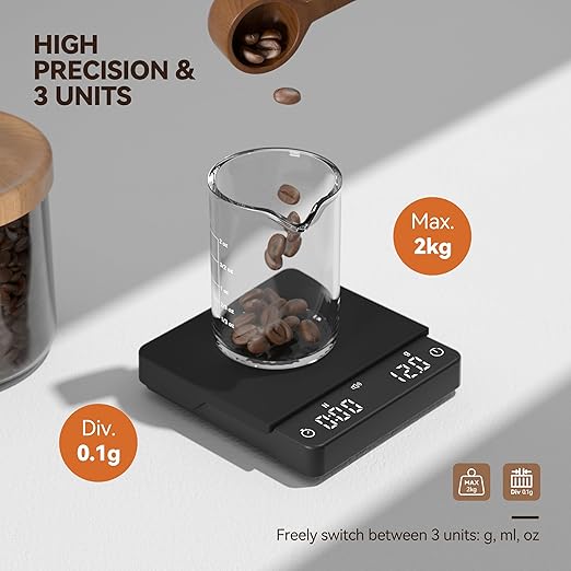 Rechargeable Coffee Scale with Auto Timing,Mini Espresso Scale with Timer, 2kg/0.1g High Precision Scale for Coffee Beans, Black