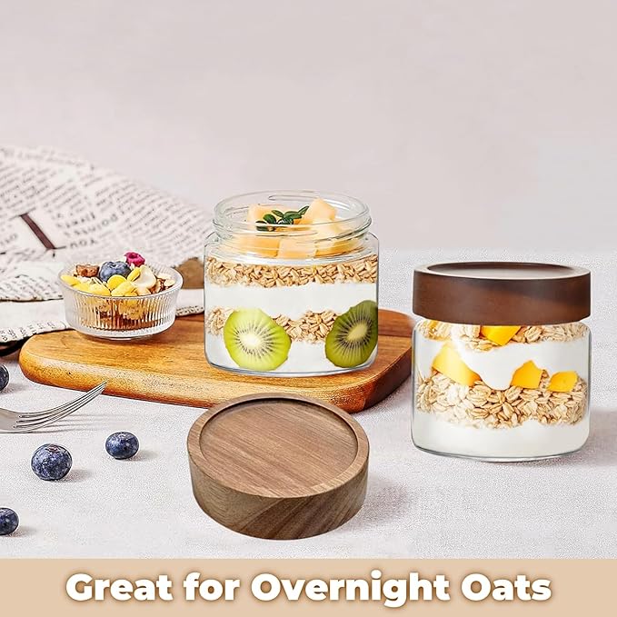 Set of 2 Glass Food Storage Jars, Premium Clear Glass Container Jar with Airtight Wooden Screw Lid, Kitchen Canisters for Coffee,Tea,Pasta,Cookies, Nuts,Spice,Candy,Overnight Oatmeal