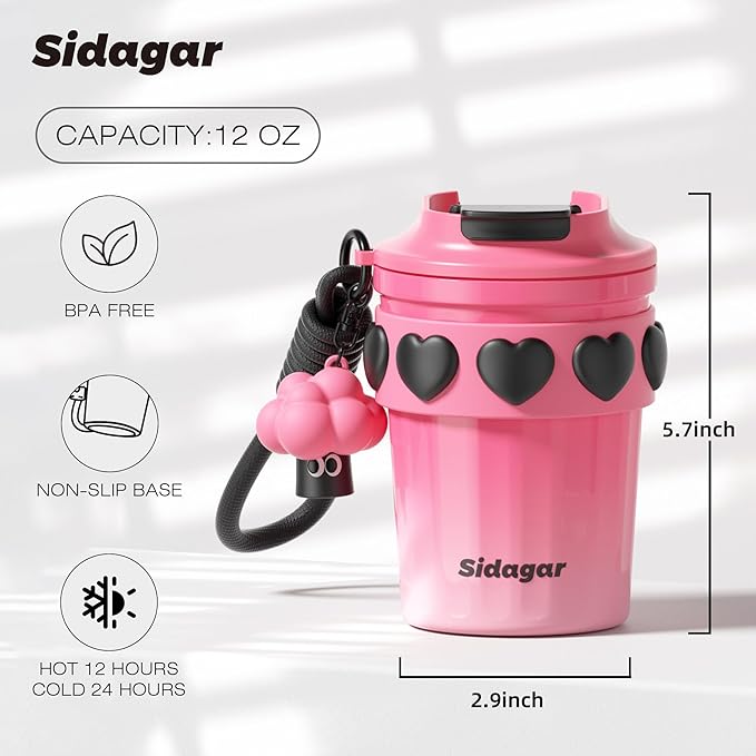 12 OZ Coffee Travel Mug Spill Proof Leak Proof, Stainless Steel Thermal Coffee Cup with Lid, Resuable Ceramic Lined Travel Water Cup for Hot and Cold, Portable Coffee Tumbler for Women, Pink