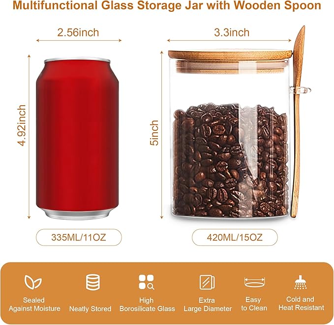 MOLFUJ 2 Pack Clear Glass Storage Canister with Airtight Lid, 15 oz/450 ml Small Decorative Container Jar with Wooden Spoon for Overnight Oatmeal Coffee Spice Candy Salt Cookie Condiment Pepper Sugar