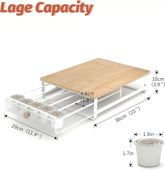 Coffee Pod Holder Counter Coffee Vertuo Capsules Storage Organizer with Sliding Drawer Compatible For 35 K-Cup Pods No Assembly Needed Natural Colour