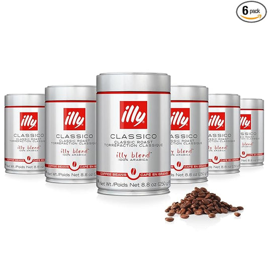 Illy Whole Bean Coffee, Classico Medium Roast - Mild & Balanced - 100% Arabica - Whole Beans - Pressurized Packaging Sealed for Freshness - 8.8oz can (Pack of 6)