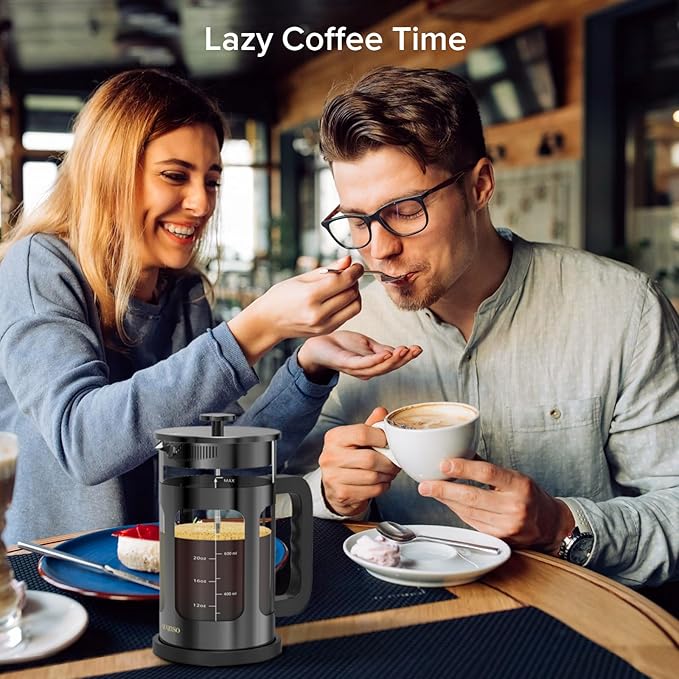 QUQIYSO French Press Coffee Maker 34oz 304 Stainless Steel French Press with 4 Filter, Heat Resistant Durable, Easy to Clean, Borosilicate Glass Coffee Press, 100% BPA Free Glass Teapot, Dark Pewter