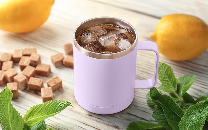 MEWAY 12oz Coffee Mug With Handle and Sliding Lid,Stainless Steel Travel Tumbler Cup with Handle,Double Wall Vacuum Insulated Camping Cup for Hot & Cold Drinks Tea (Lilac,Set of 1)