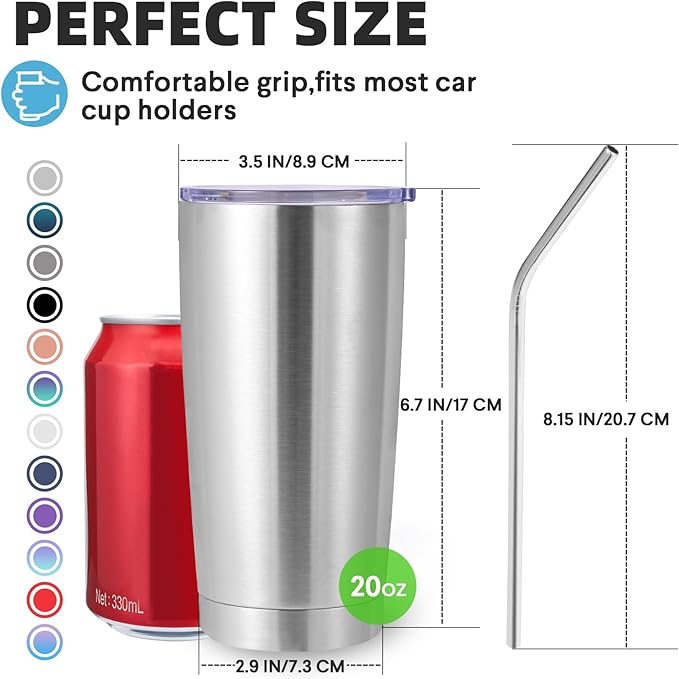 Volhoply 20oz Stainless Steel Tumbler with Lid and Straw Bulk 8 Pack,Double Wall Insulated Travel Iced Coffee Mug Fits Cup holder,Powder Coated Cups for Hot/Cold Drinks,Gifts for Women（Silver,8 Set）