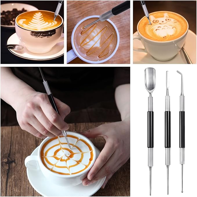 Latte Art Set (3 Tools) for Latte Art, Cappuccino and Espresso, SANTOW Espresso Latte Art Tools, Spoon & Lance, Spatula & Spike and Knob & Hook Decorating Pen Set 3 Pieces