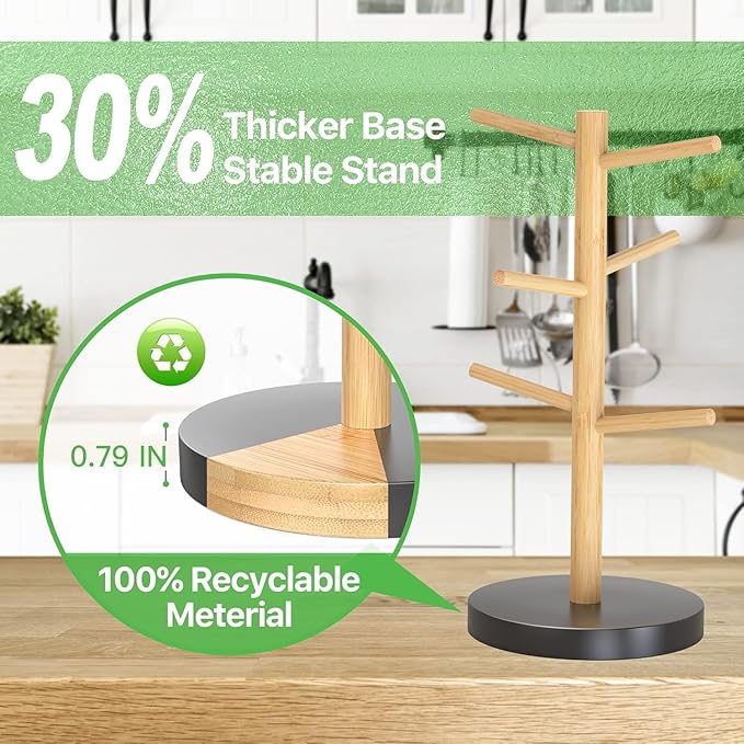 Wisuce Bamboo Mug Holder - Black Coffee Mug Tree Stand for Countertop - Organizer