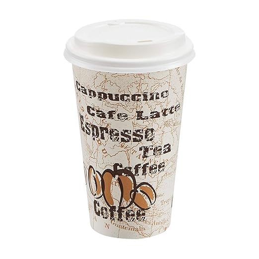 Amazon Basics To Go Hot Paper Coffee Cups with Lids, 16 oz, Café Design, Disposable, 100-Count