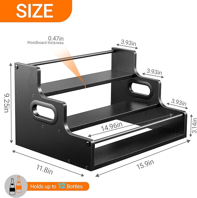 3-Tier Liquor Bottle Display Shelf,Coffee Syrup Rack Organizer,Water Bottle Organizer, Mini Bar Cabinet, Rustic Bar Shelves for for Liquor Whiskey, Spirits（Black）
