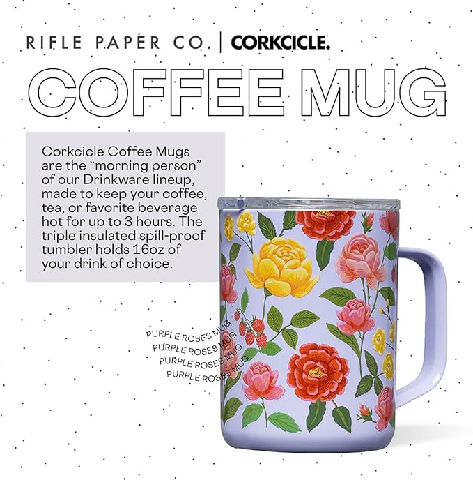 Corkcicle x Rifle Paper Co. Triple Insulated Coffee Mug with Lid and Handle, Roses Purple, 16 oz – Stainless Steel Travel Mug Keeps Beverages Hot for 3+ Hours – Non-Slip, Easy-Grip, Spill-Resistant