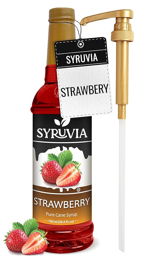 Syruvia Strawberry Syrup, Flavored Syrup for Drinks, Cocktails, Lemonades, Iced Teas, and Desserts – 25.4 fl oz, With Pump