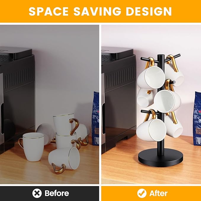 Coffee Mug Holder Tree, Upgraded 360° Rotated Cup Holder for Counter, Wood Mug Rack with 6 Hooks, Coffee Mug Organizer Station, Mug Stand Bar Accessories, Black