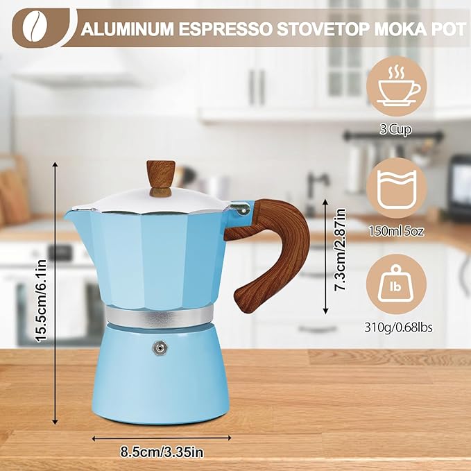 Aluminum 3 Cup 150ml Moka Pot Express Coffee Maker Stovetop Espresso Colorful Coffeemaker Italian Classic Style Brewing Greca Cafe Mocha Machine for Cafeteras Lover Camping Travel and Home Use 5oz