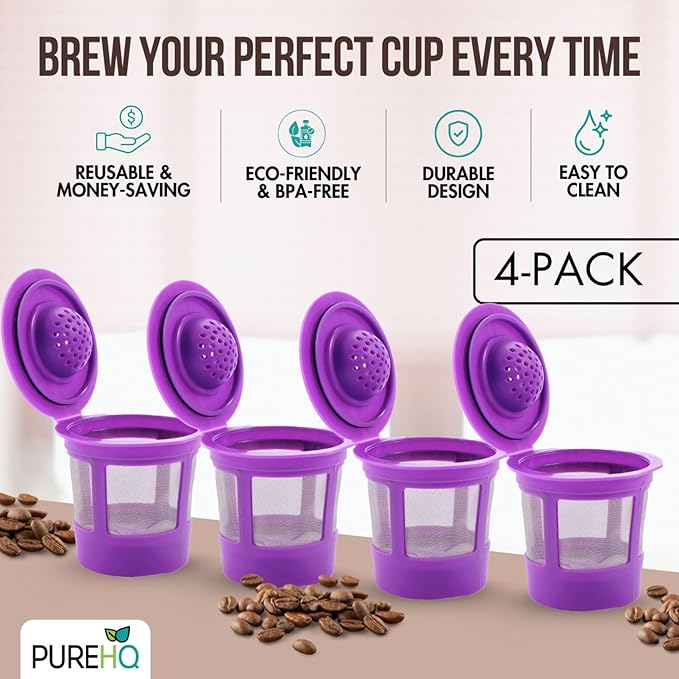 Reusable K Cups for Keurig Coffee Maker - Filter Pods for Keurig 1.0 and 2.0 Brewers - Refillable K Cup Fits K-Elite, K-Classic - BPA Free Universal Reusable Single Serve - 4 Pack