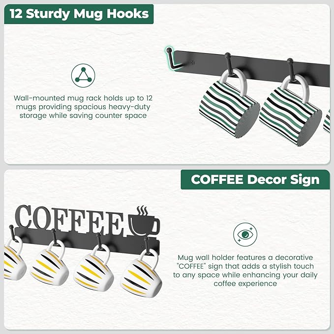 EsLuker.ly Mug Holder Rack Coffee Cup Hanger Wall Mount, Metal Wall Cup Shelf Organizer Stand with 12 Hooks, Fits Most Mugs Display for Home Kitchen, Space-Saving Coffee Bar Enhancer, Set of 3, Black