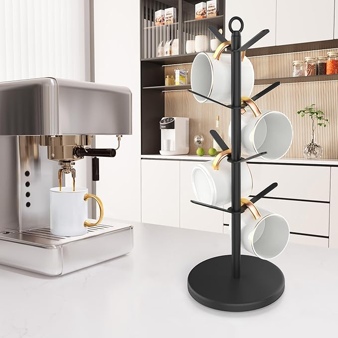 simesove Coffee Mug Holder, Non-Slip Cup Tree with 8 Hooks, Wood Stand Organizer for Counter, Bar and Kitchen Home Decor (Black)