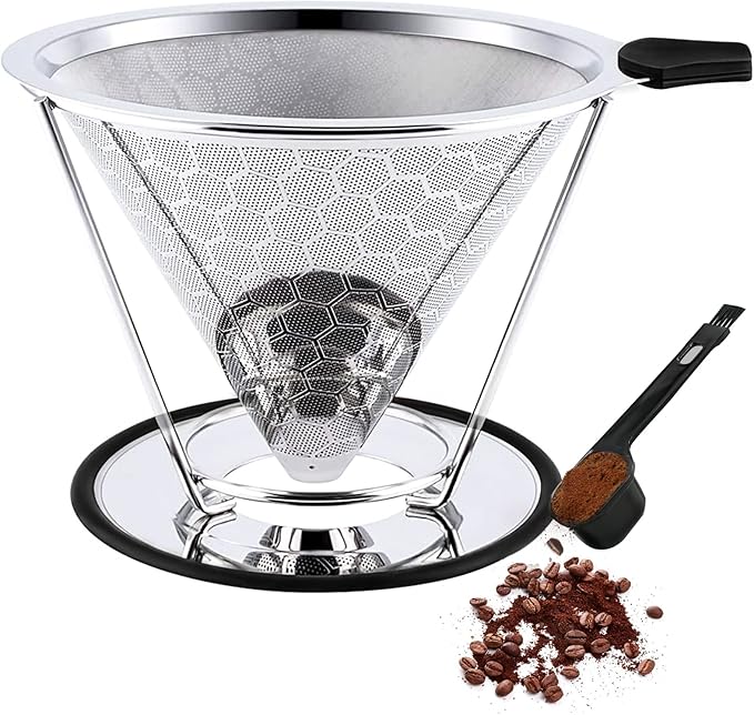 Pour Over Coffee Dripper, Reusable Cone Coffee Filter 1-4 cup, Stainless Steel Portable Coffee Filters Coffee Maker with Cleaning Brush for Home Office Travel Camping