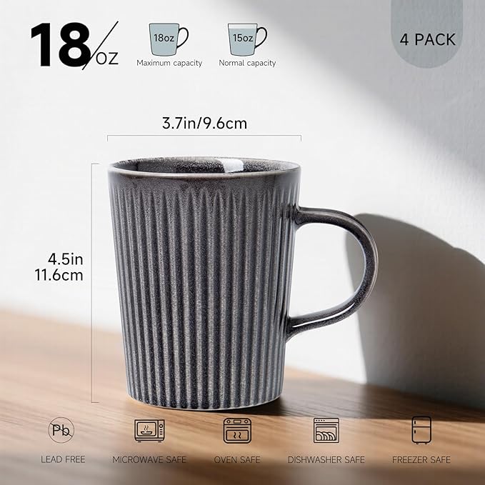 Coffee Mugs Set of 4 Modern Striped Stoneware Coffee Cups with Handle, Large Ceramic Gift Set for Women and Men, Dishwasher and Microwave Safe, 18oz for Hot Coffee, Tea, Cocoa, Milk