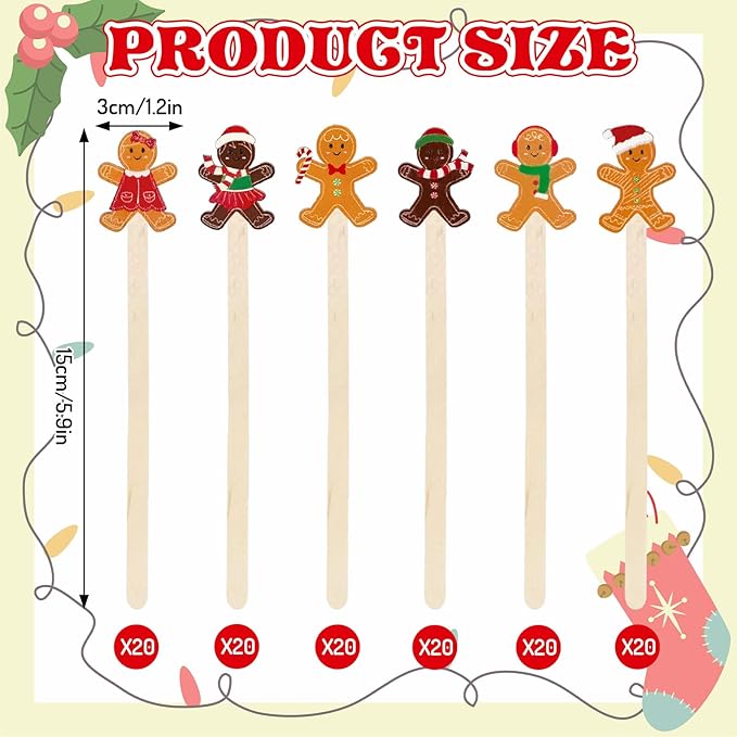 120Pcs Christmas Coffee Stirrers Gingerbread Man Stir Sticks Xmas Wooden Drink Stirrers Disposable for Home Office Bar Restaurant Party Supplies