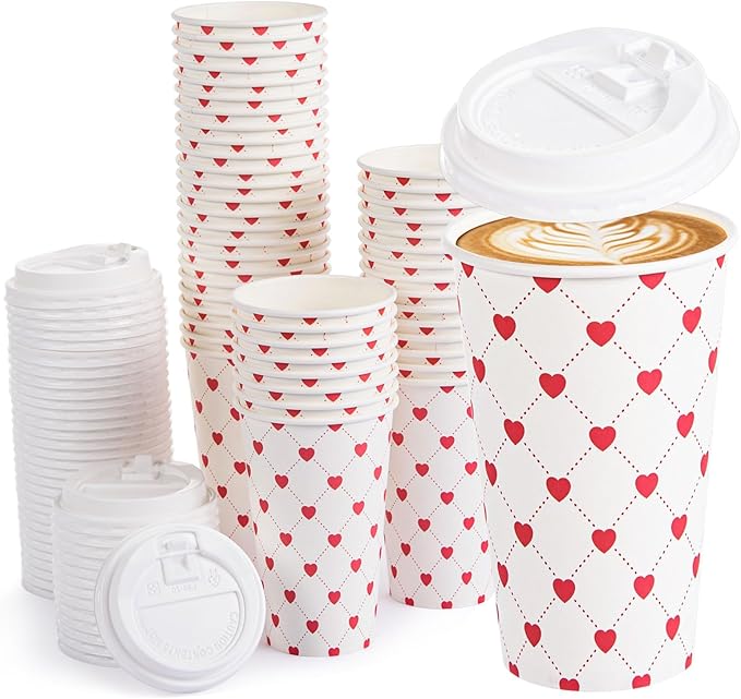 FOBSME 50 Pcs Valentine Disposable Coffee Cups With Lids 16oz Red White Love Heart Paper Cups Valentine Party Drinking Cups for Wedding Anniversary Party Supplies