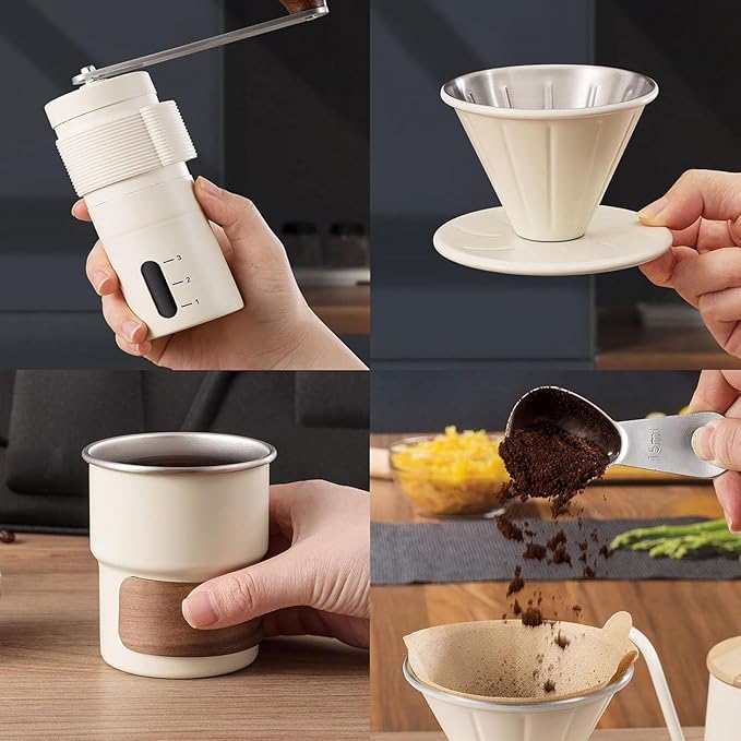 Portable Hand Coffee Maker Set for Camping Travel, Stainless Steel Manual Coffee Kit with Hand Grinder, 350ml Pour Over Kettle, Filter Cup, Cup and Scoop，Suitable for family travel and camping (white)