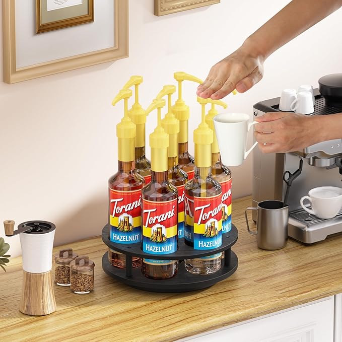 THYGIFTREE Rotating Coffee Syrup Organizer 7 Bottles Syrup Rack for Countertop Wood Syrup Bottle Holder Stand for Coffee Bar Station, Turntable Wine Display Tray, Black