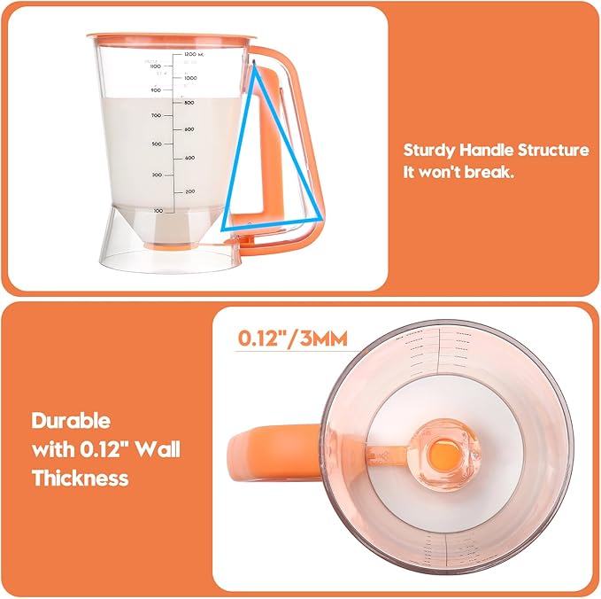 Pancake Batter Dispenser 5 Cup with Sturdy Handle,Batter Separator for Pancakes, Cupcake, Waffle, Muffin Mix, Cake & Crepe Batter pitcher with Squeeze Handle Baking Tools-Orange