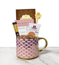 Coffee Tea Cocoa Indulgence Gift Set – Coffee, Tea, Cocoa & Stroopwafel in Turquoise Cup with Spoon – Comfort, Get Well, Birthday or Thinking of You Gift for Women (Hug In A Mug - Pink)