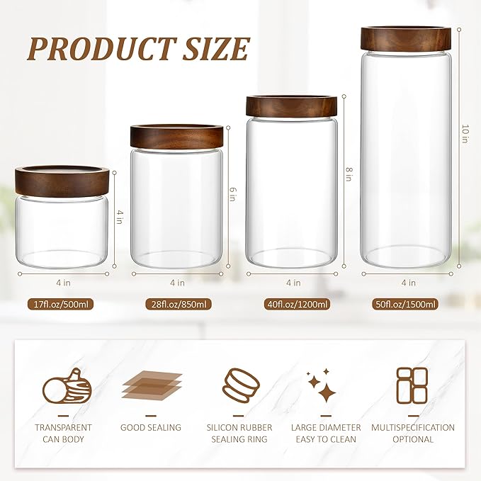 3 Pack 17 oz/500ml Clear Glass Storage Canister with Airtight Wooden Screw On Lid, Small Cute Decorative Glass Container Jar Set for Coffee, Candy, Cookie, Condiment, Pepper, Sugar, Oatmeal