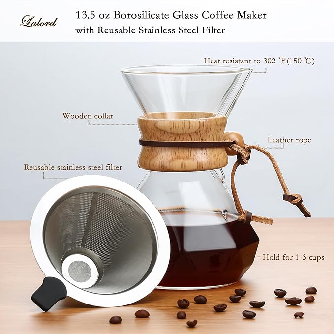 Pour Over Coffee Maker with Stainless Steel Filter, Borosilicate Glass Coffee Carafe, Modern Wooden Collar, Coffee Maker Carafe, Hold 2 Cups, 400 ml/13.5 oz, Clear