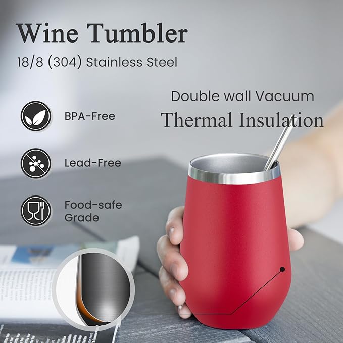 MEWAY 12oz Stainless Steel Wine Tumbler with Lid and Straw - Double Wall Vacuum Stainless Steel Coffee Mug, Gift for Woman Under 10 dollars(Red,1)