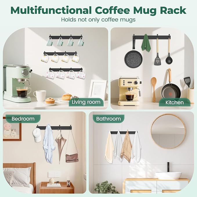 EsLuker.ly Mug Holder Rack Coffee Cup Hanger Wall Mount, Metal Wall Cup Shelf Organizer Stand with 12 Hooks, Fits Most Mugs Display for Home Kitchen, Easy to Install, Set of 3, Black