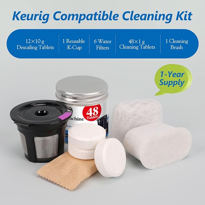 USKICH Coffee Machine Cleaner Descaler Tablets Kit Compatible 12 Espresso Machine Tablet and 1 Reusable Rinse Pods- 48 Cleaning Tablets and 6 Water Filters-3 in 1 Cup Lid Gap Cleaning Brush