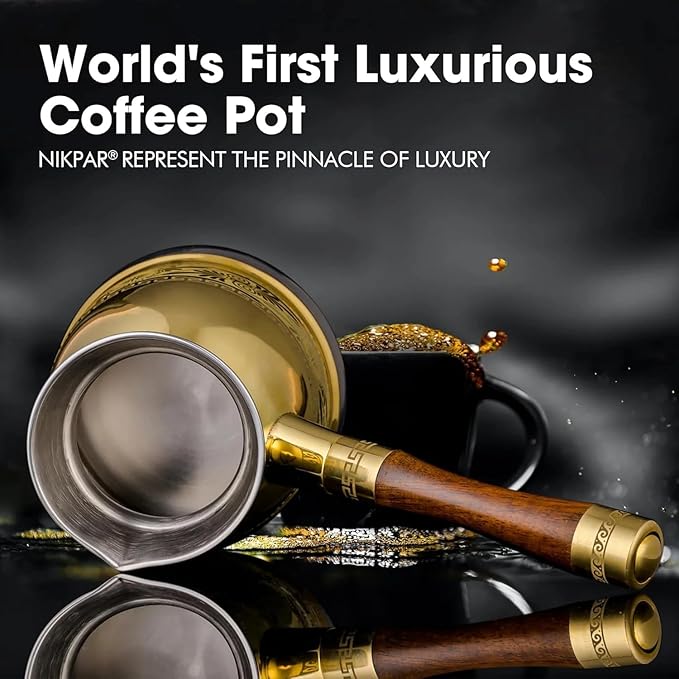 NIKPAR Luxury Greek Coffee Pot Macedonian Collection - Turkish Coffee Pot for Most Type of Stove Top, Arabic Coffee Maker Cezve, Ibrik, Briki with Detachable Handle & Luxury Gift Box (10 oz Small)