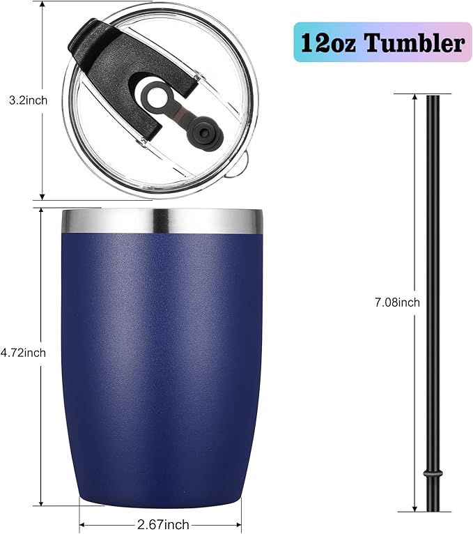 VEGOND Stainless Steel 12 oz Tumblers bulk Vacuum Insulated Double Wall Travel Tumbler with Lid and Straw Reusable Tumbler,Navy Blue 12 pack