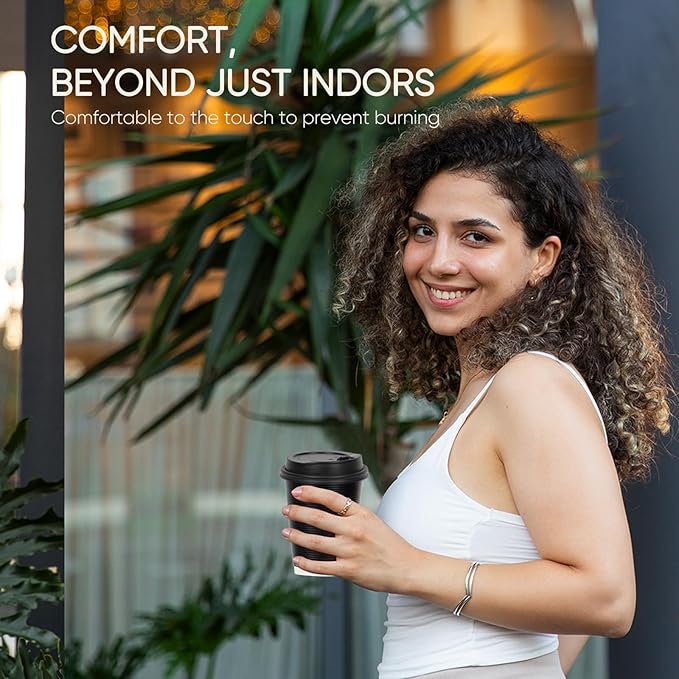 100 Pack 12 oz Disposable Coffee Cups with Lids and Straws, Insulated Ripple Wall To Go Paper Corrugated Cups, Bulk for Hot/Cold Drinks, Cafe Bar, Office, Chocolate, Cocoa (Black)