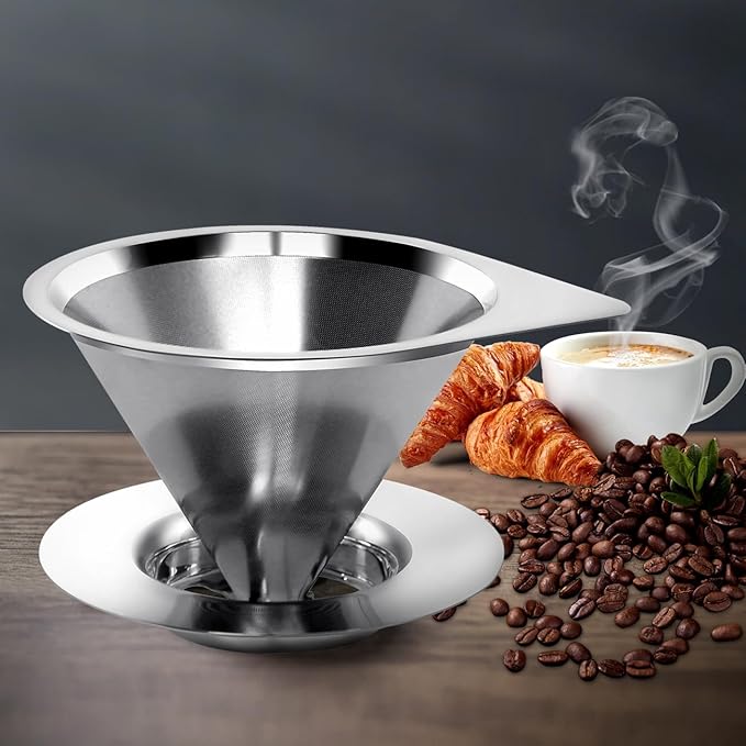 LHS Pour Over Coffee Dripper Reusable Coffee Filter Paperless Coffee Filter Stainless Steel Pour Over Coffee Maker Cone Coffee Dripper for 1-2 Cup,Silver