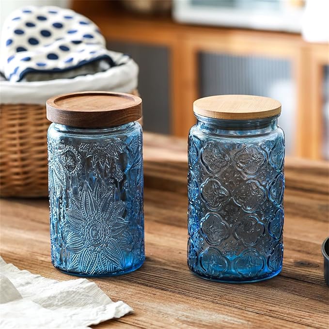 ANSQU Set of 4 Vintage Glass Mason Jars with Lids – 34 FL OZ Sunflower Design – Airtight Storage for Coffee, Tea, Cookies, Candy, Nuts – Kitchen & Pantry Organization (Blue & Green)