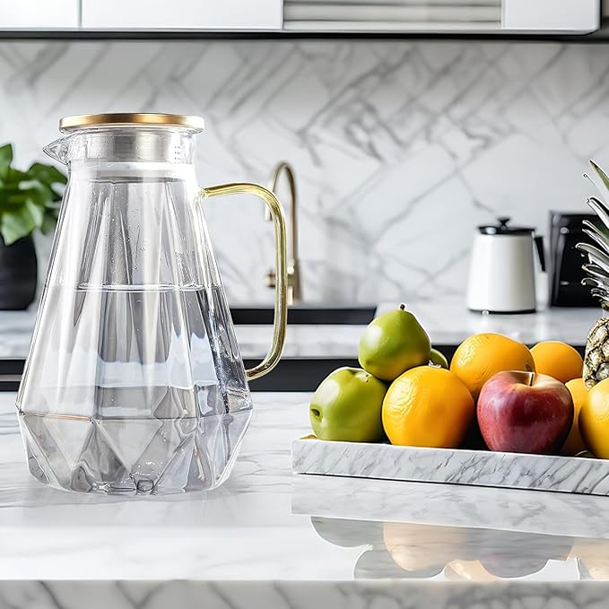 AstraLoom 2 Liter 68oz Glass Pitcher with Leak-Proof Lid - Borosilicate Glass Heat Resistant Carafe,with Handle for Hot/Cold drinks - Iced tea, Juice, Coffee, Featuring Diamond-Cut Design