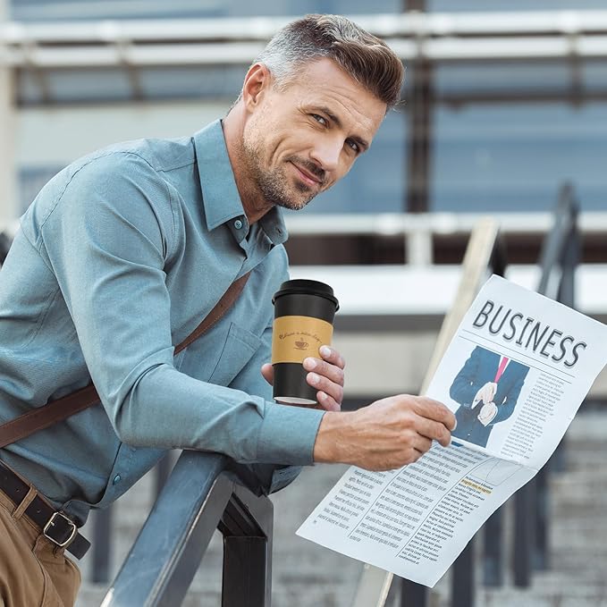 LITOPAK 100 Pack 16 oz Paper Coffee Cups with Lids, Black Disposable Coffee Cups with Lids, Sleeves and Stirring Sticks, for Parties, Picnic, Travel, and Events