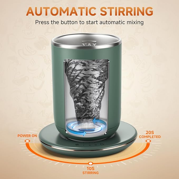 Smart Heated Coffee Mug with Temperature Control, Magnetic Auto Stirring & 3 Heat Levels, Type-C USB Rechargeable Stainless Steel Mug, 8-Hour Shut-Off, Perfect for Desk, Home, Office,Tea – Green 11oz