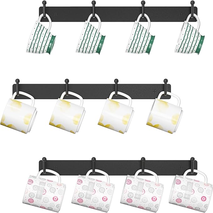 EsLuker.ly Mug Holder Rack Coffee Cup Hanger Wall Mount, Metal Wall Cup Shelf Organizer Stand with 12 Hooks, Fits Most Mugs Display for Home Kitchen, Easy to Install, Set of 3, Black