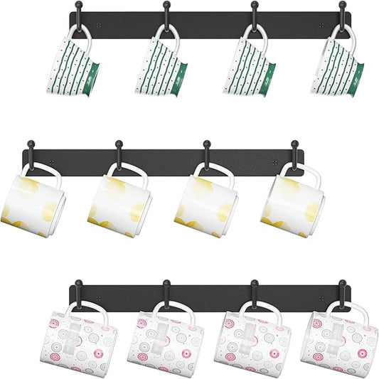 EsLuker.ly Mug Holder Rack Coffee Cup Hanger Wall Mount, Metal Wall Cup Shelf Organizer Stand with 12 Hooks, Fits Most Mugs Display for Home Kitchen, Easy to Install, Set of 3, Black