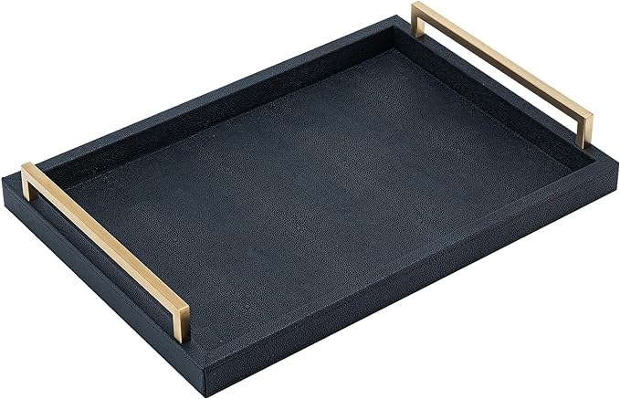 Black Faux Leather Serving Tray, 17x12 inches, Brushed Gold Handles, Decorative Tray for Ottoman Coffee Table, Living Room, Kitchen, Bathroom