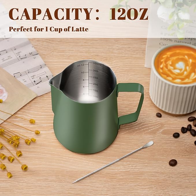 Milk Frothing Pitcher, 12 oz Milk Frother Cup with Clear Scale, 304 Stainless Steel Cappuccino Espresso Machine Accessories for Barista Coffee Bar with Latte Art Pen, Green